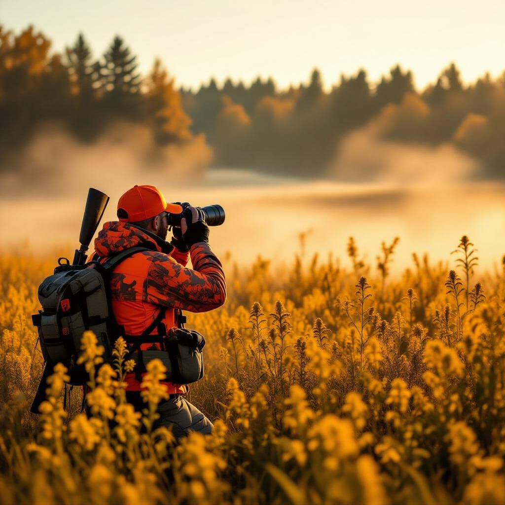 Hunter Scans Goldenrod Field at Dawn in Cinematic Style