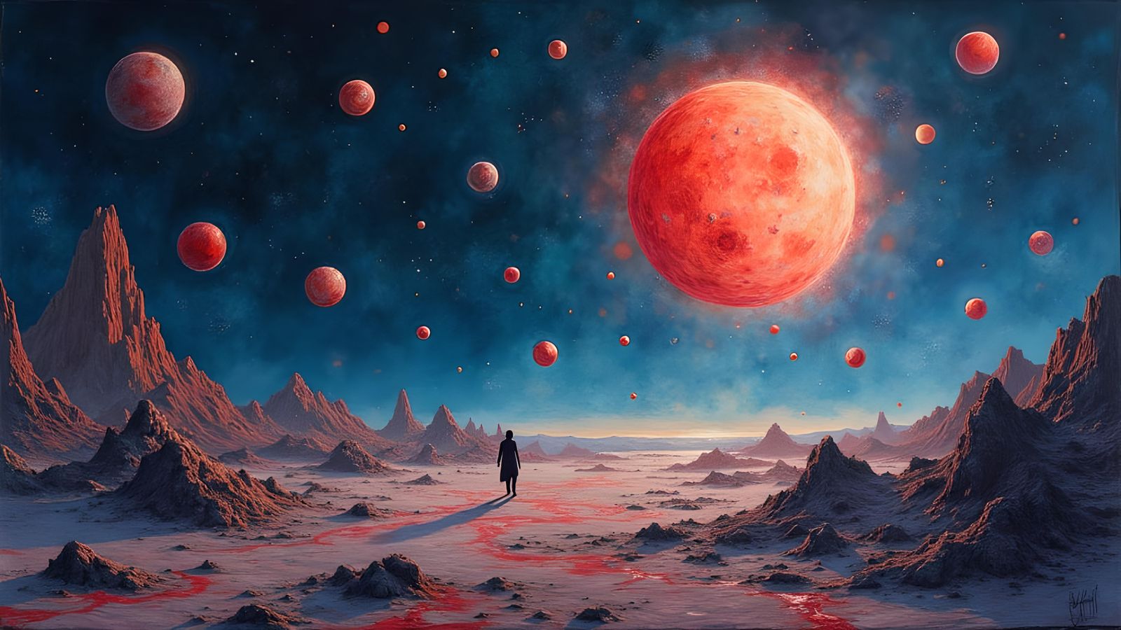 Ominous Alien Planet at Night in Watercolor Style