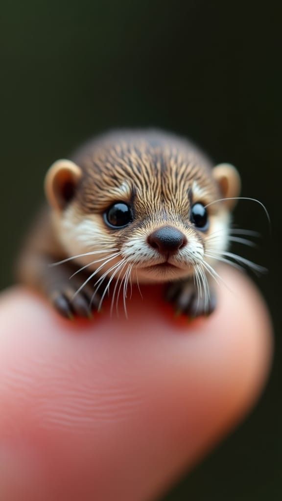 Microscopic Otter Resting on a Thumb