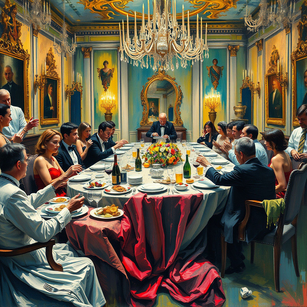 Chaotic Dinner Scene in Impressionist Style