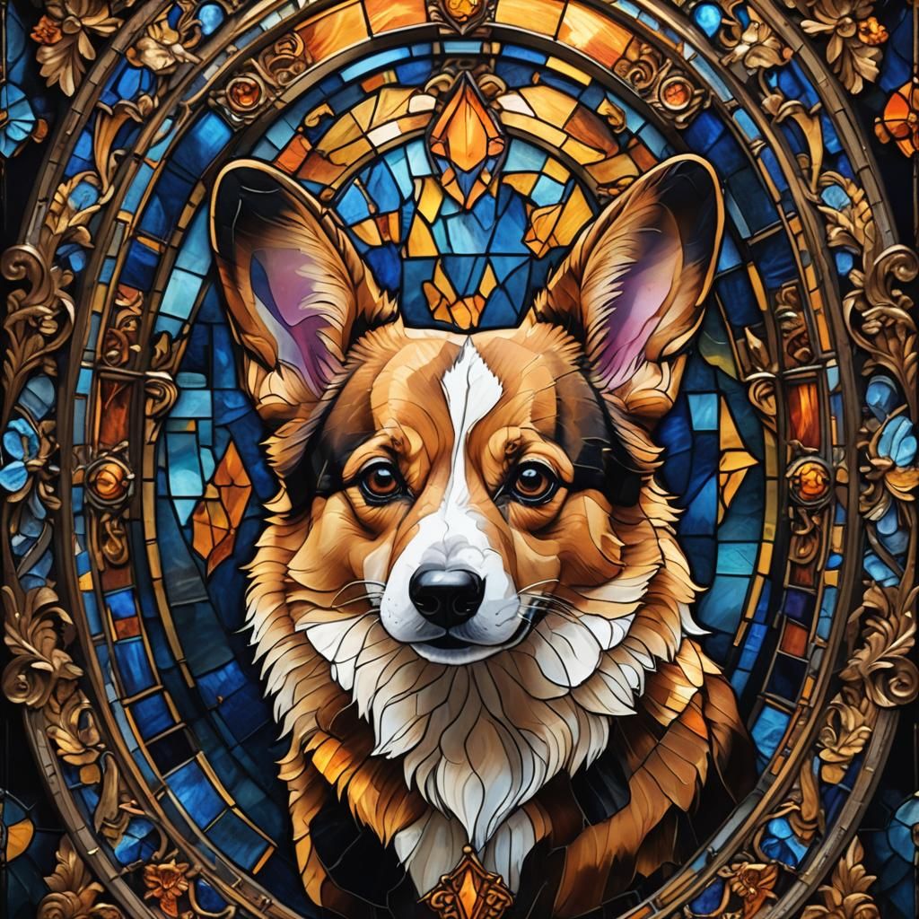 Vibrant Stained Glass Corgi Portrait