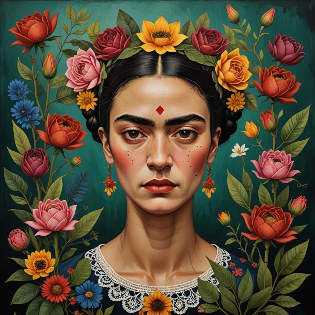 Melancholic Woman Portrait in Frida Kahlo Style with Flora