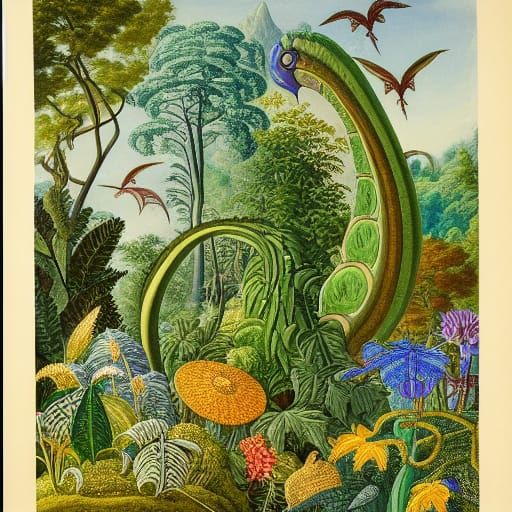Magical Botanical Gardenscape with Pterodactyls and Dinosaur...