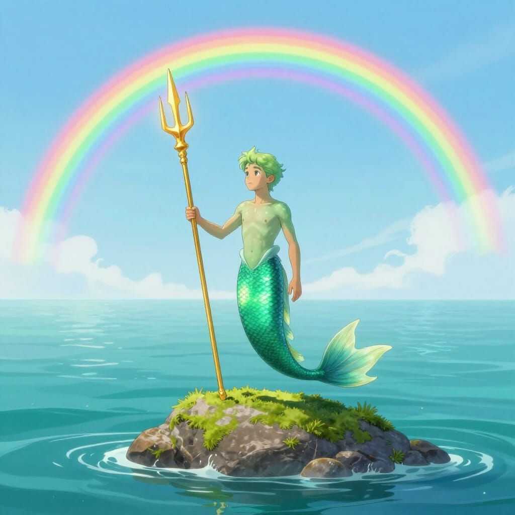 Merman with Trident on Rock in Rainbow Sea Fantasy Art