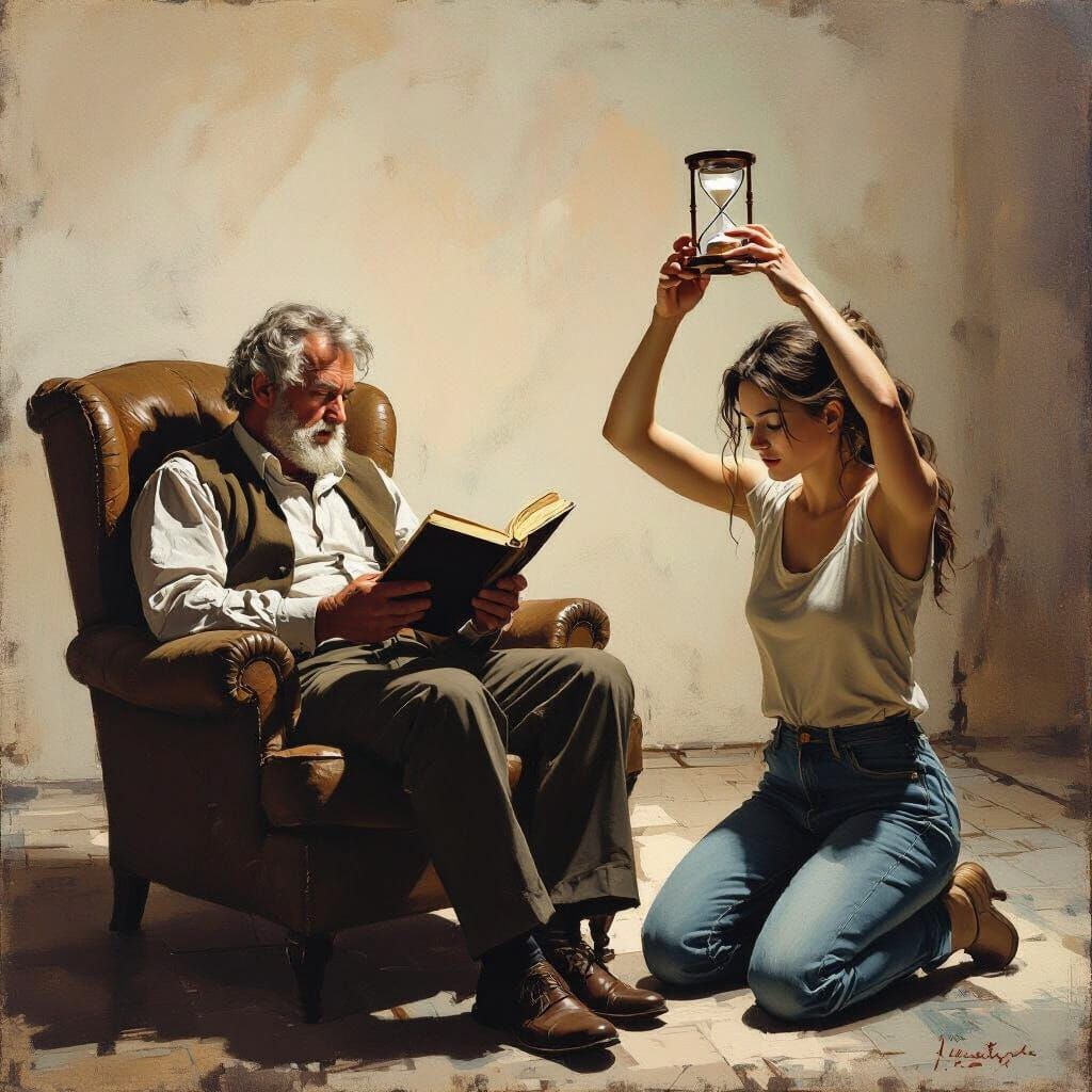 Man Reading in Empty Room with Woman Holding Hourglass