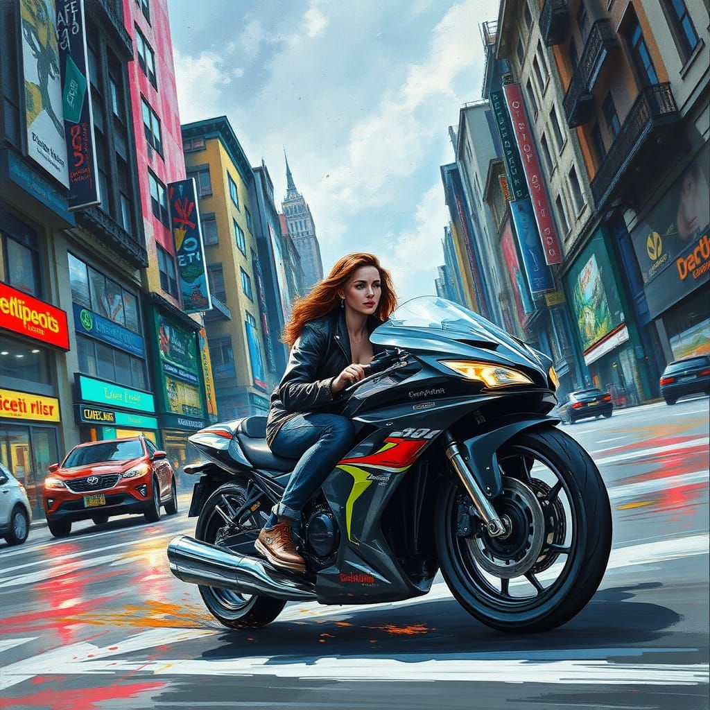 Woman Driving Sports Car in City, Gouache Style