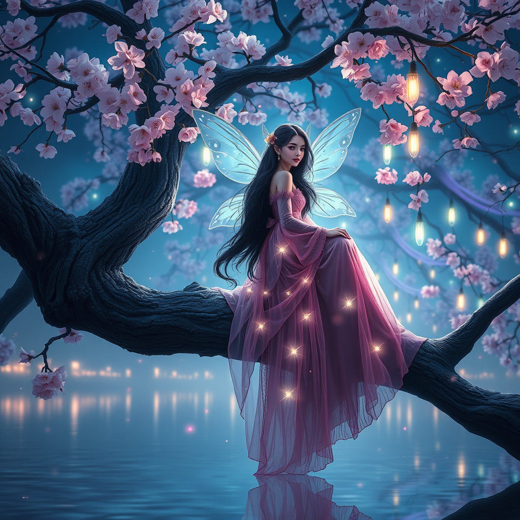 Ethereal Fairy in Cherry Blossom Tree, Hyper-Realistic Oil P...