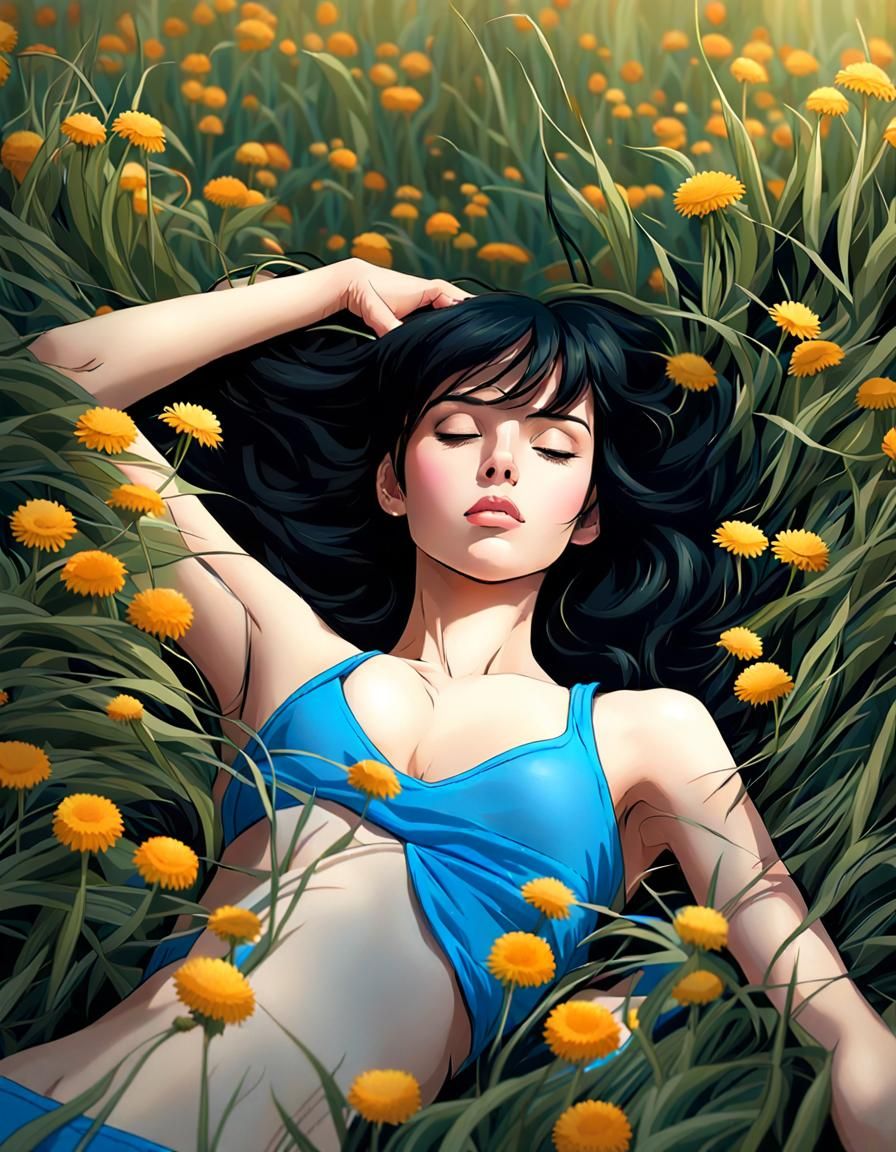 Woman with Black Hair Sleeping on Flowers