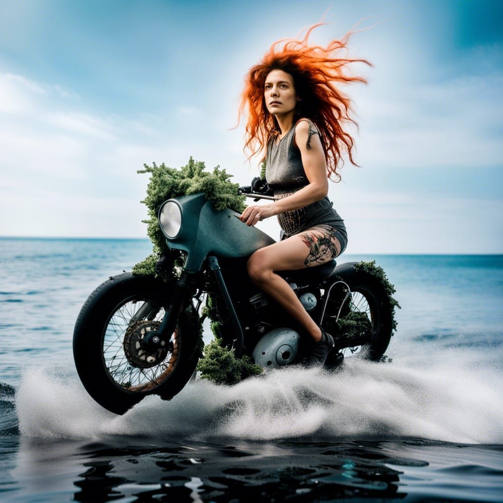 Seaweed Hair Woman Rides Motorcycle Underwater