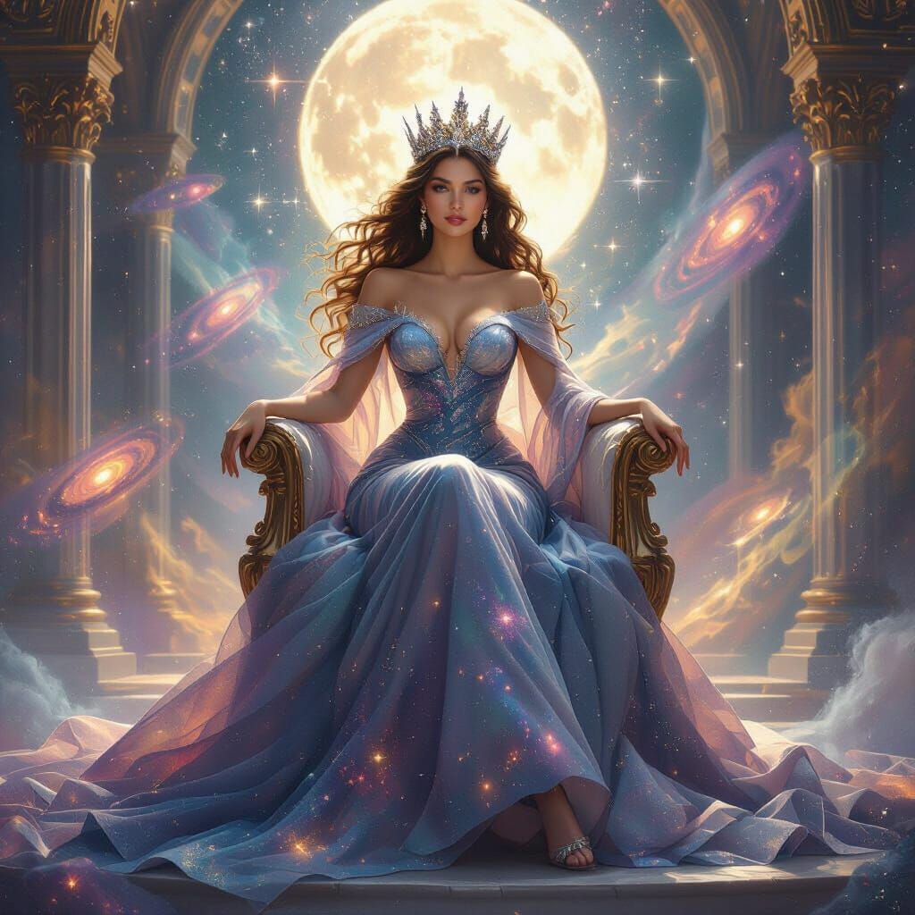 Celestial Queen on Moonlit Throne in Grand Hall