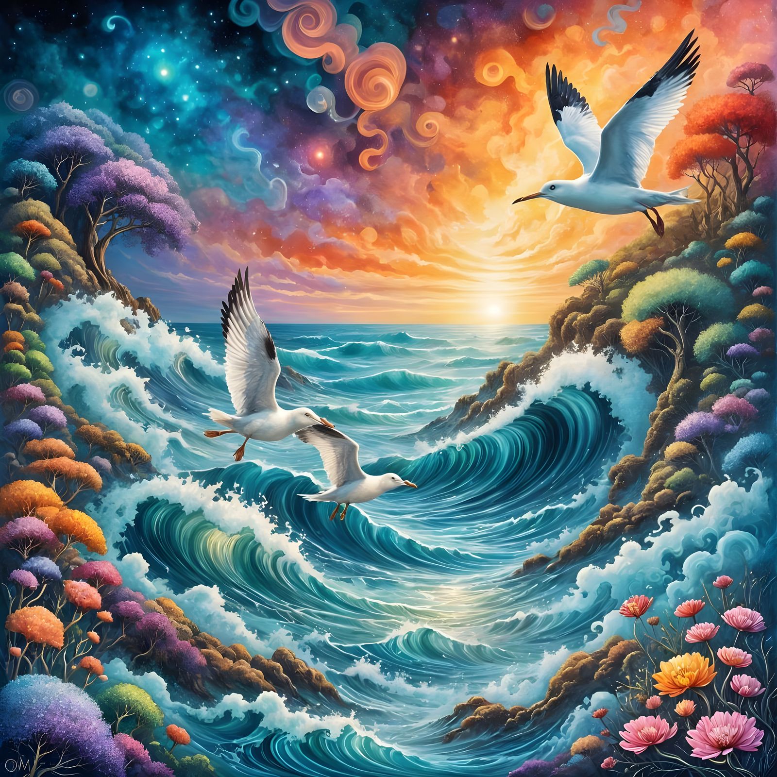 Colorful Seagulls with Abstract Sea Background