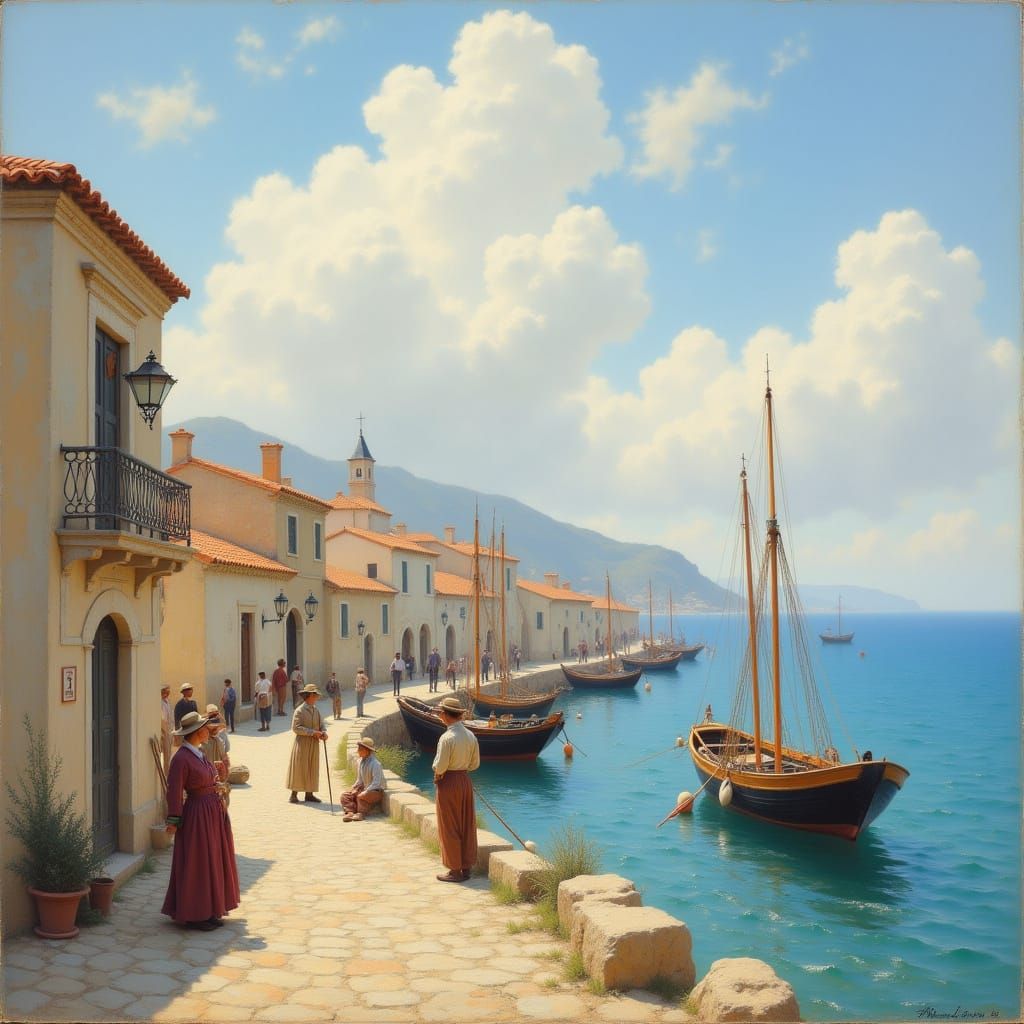 Impressionist Seaside Village with Fishing Boats