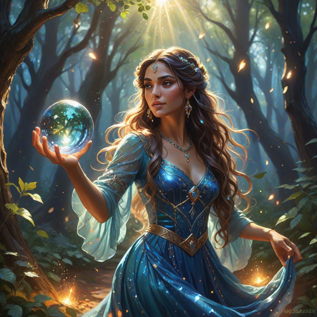 Enchanted Gypsy Woman in Vibrant Forest Glade
