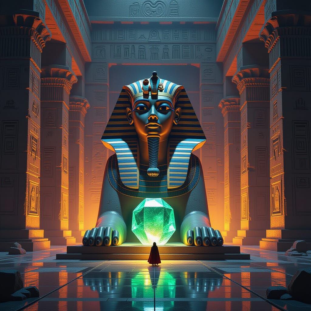 Majestic Sphinx Statue in Egyptian Temple with Gemstones