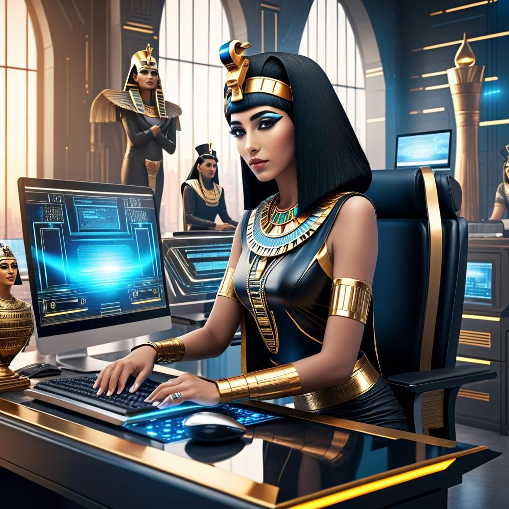 Cleopatra in a Futuristic Office Setting