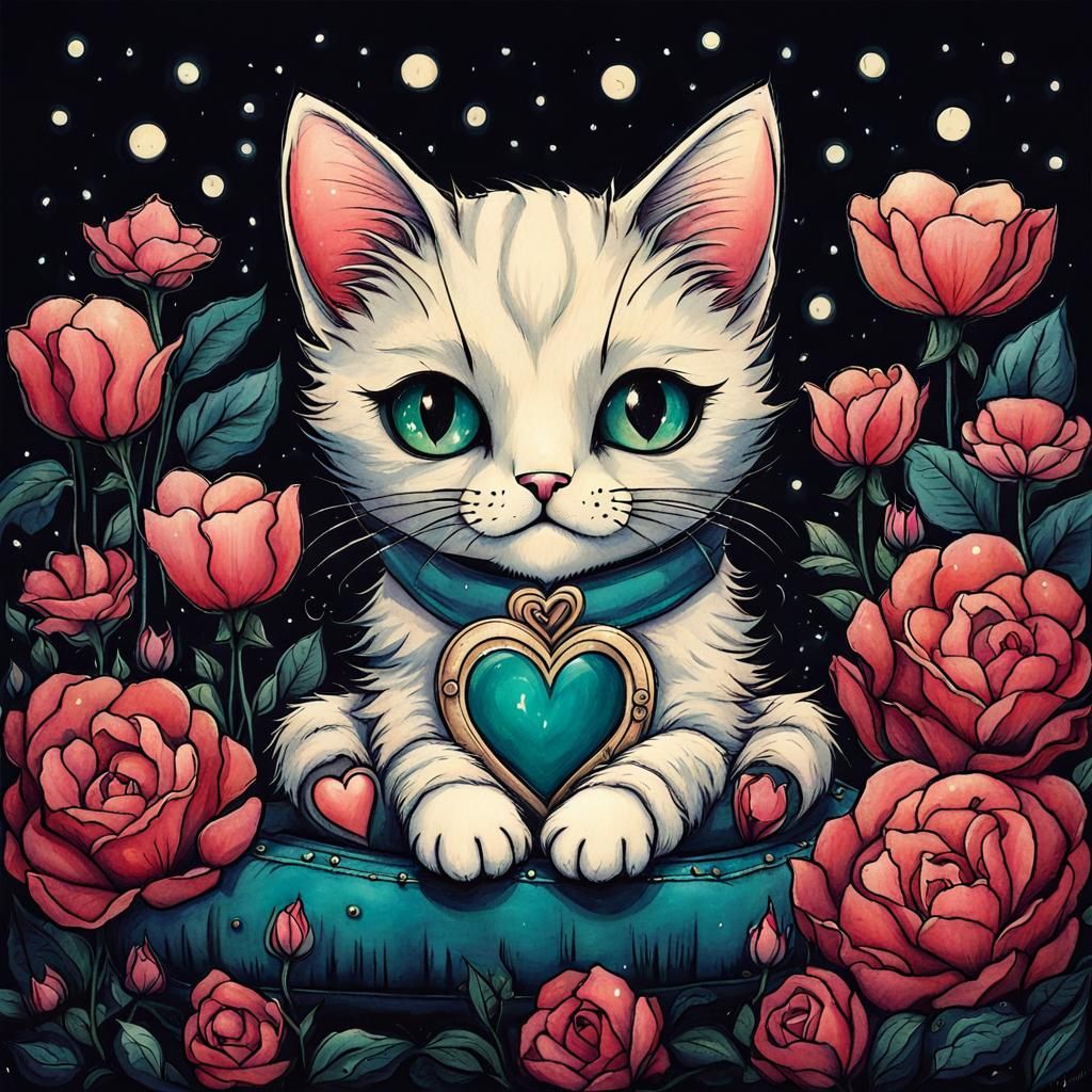 Cute Cat with Flowers in Dark Art Style