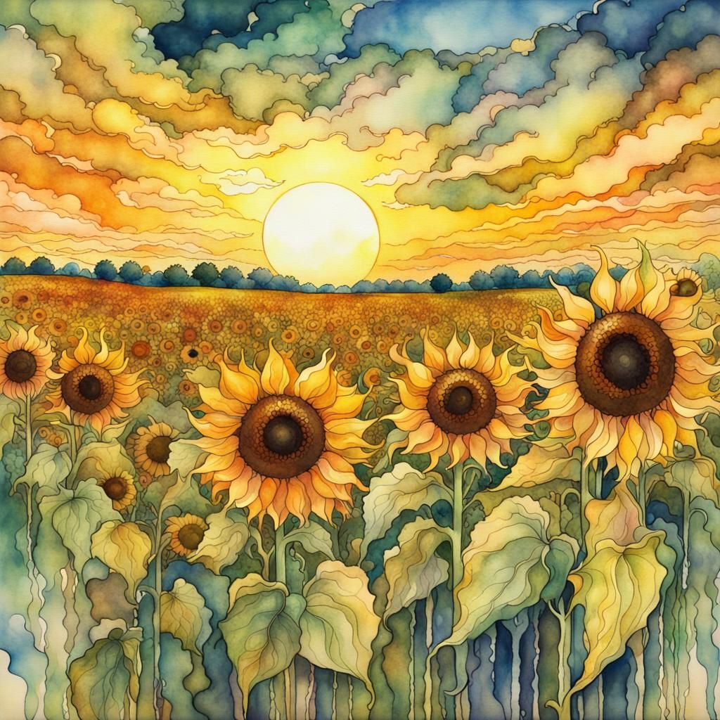 Sunflower Field Sunset: Watercolor and Alcohol Ink Painting