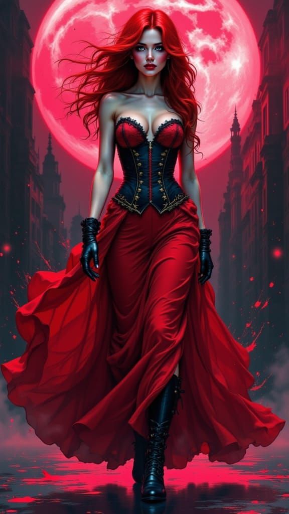 Gothic Vampire Queen Under Pink-Red Moonlight