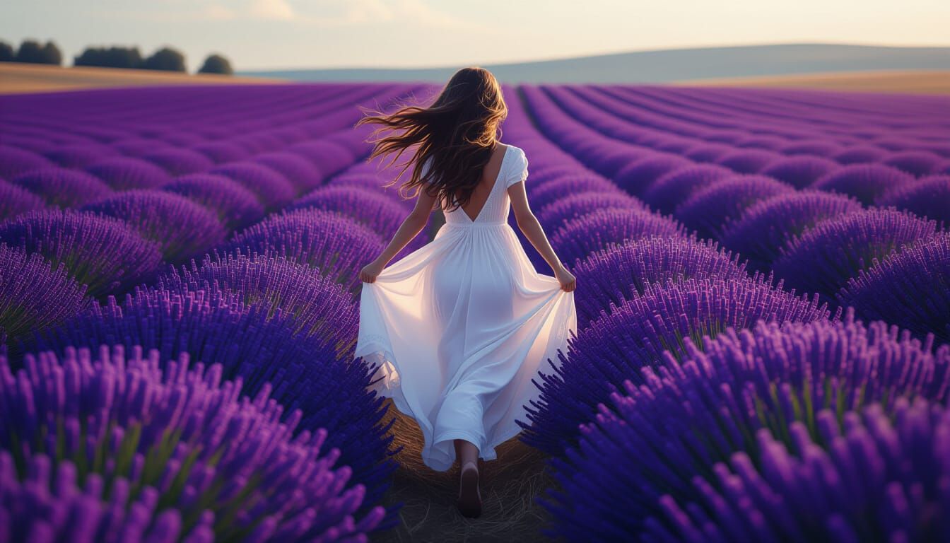 Girl Runs Through Lavender Field: Hyperrealistic Art