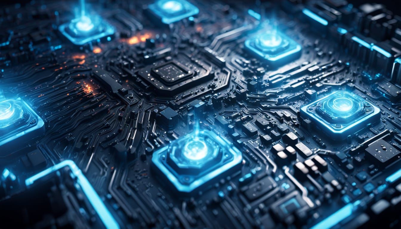 Hyperrealistic Macro Shot of Glowing Blue Circuits
