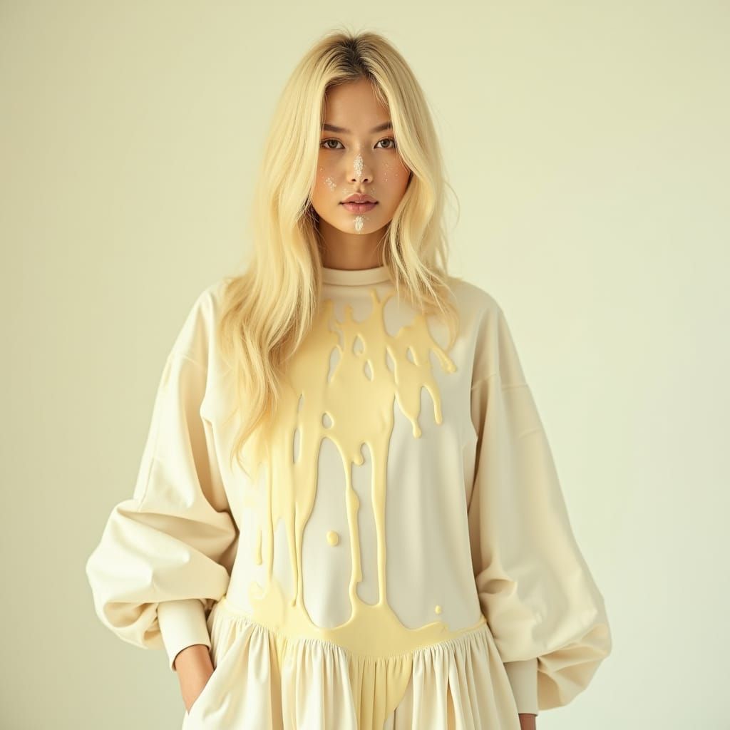 Supermodel in White Dress with Cream Painted Face