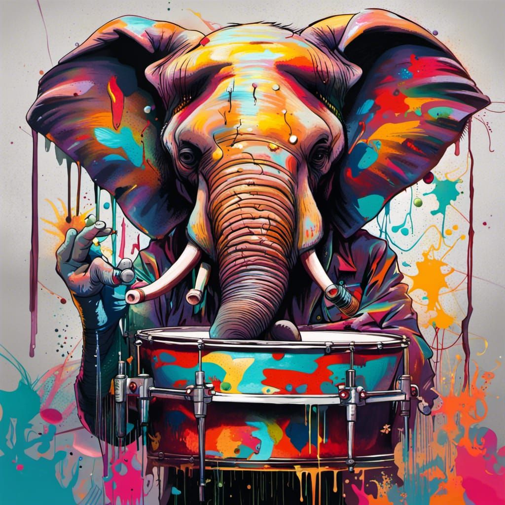 Elephant-Headed Man Playing Drums in Graffiti Art
