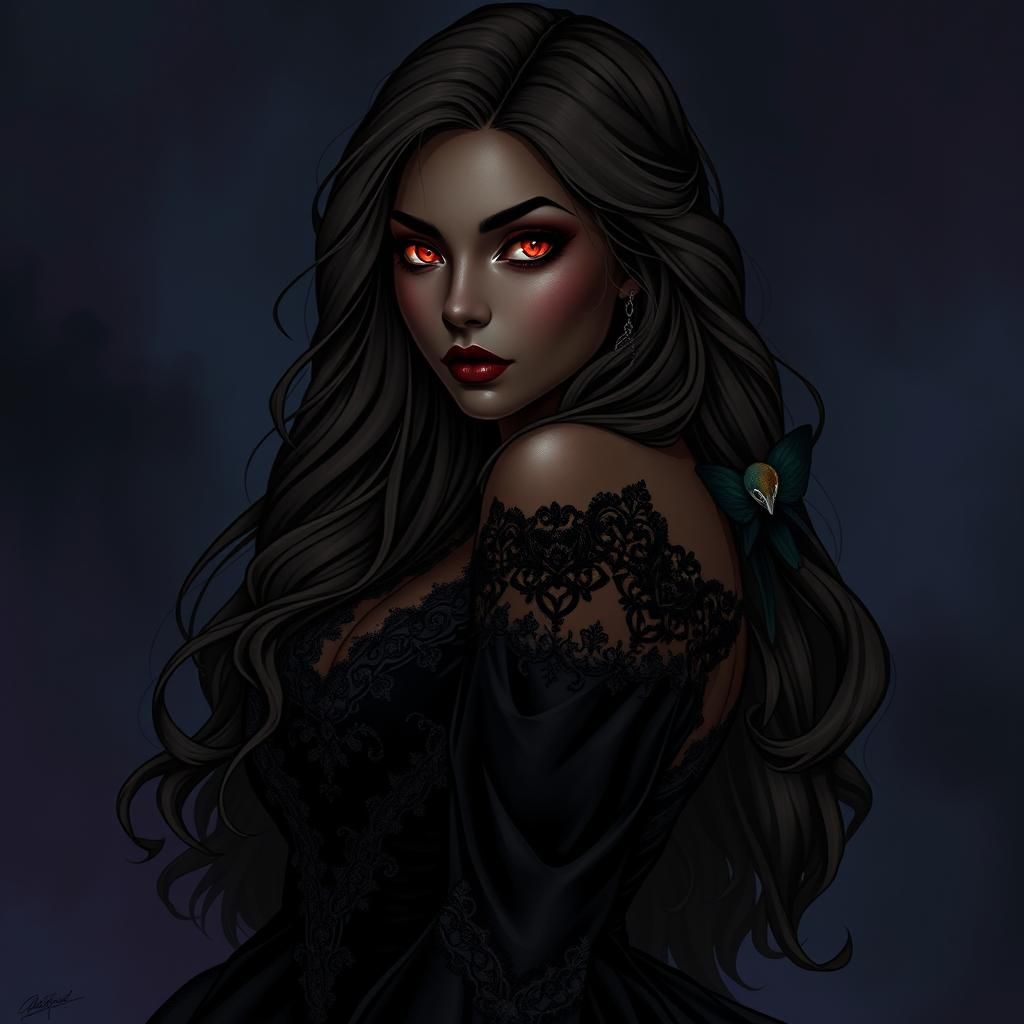 Gothic Vampire Woman with Dark Skin and Red Eyes