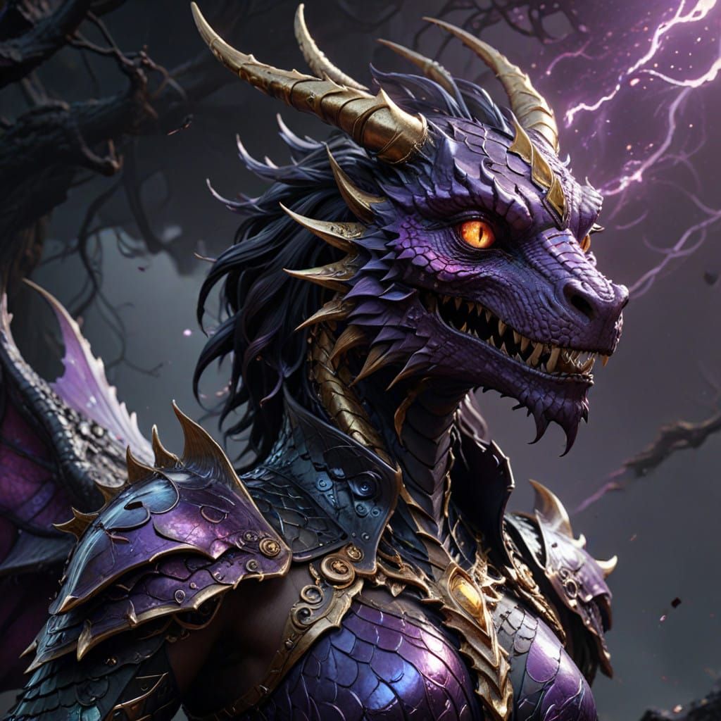 Mysterious Purple Dragon Demon Hybrid with Dark Arm in Fanta...