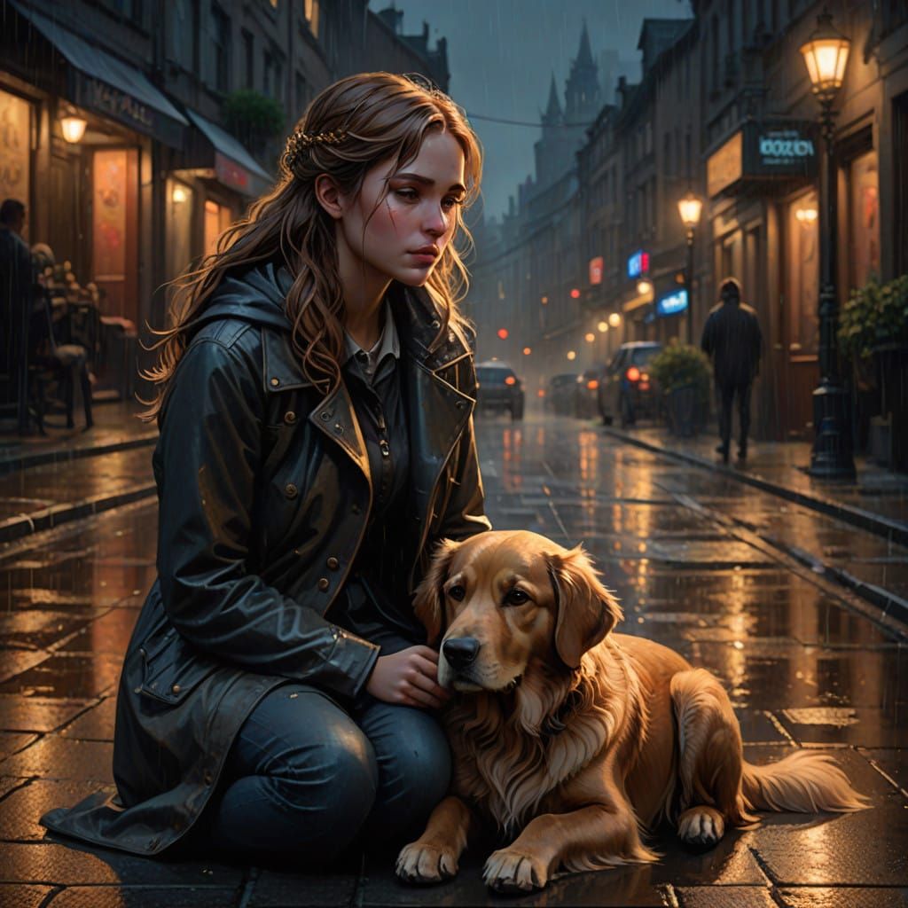 Girl and Dog Serenaded by Rainy Night Glow