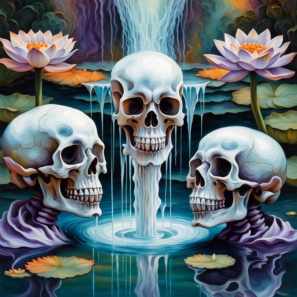 Surreal Skulls Fountain in Oil Painting Style