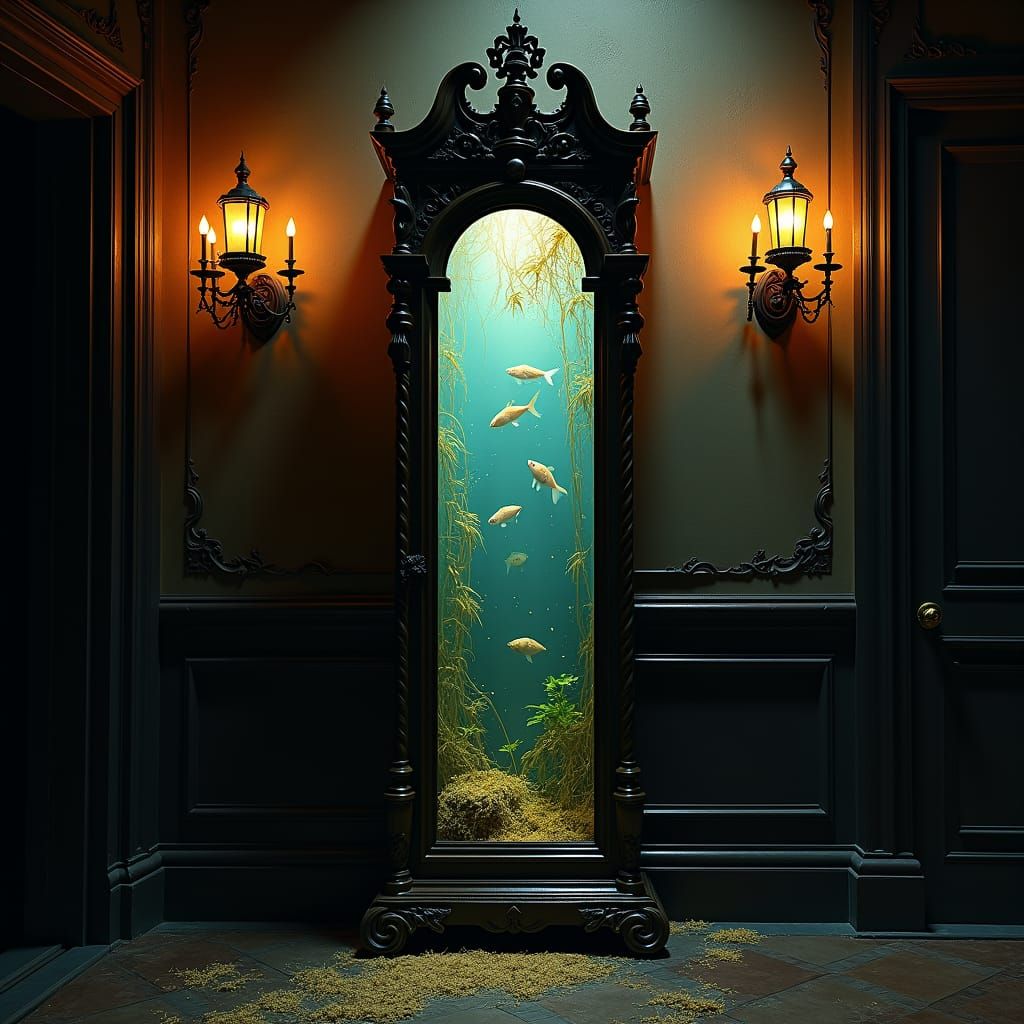Surreal Grandfather Clock with Bioluminescent Fish