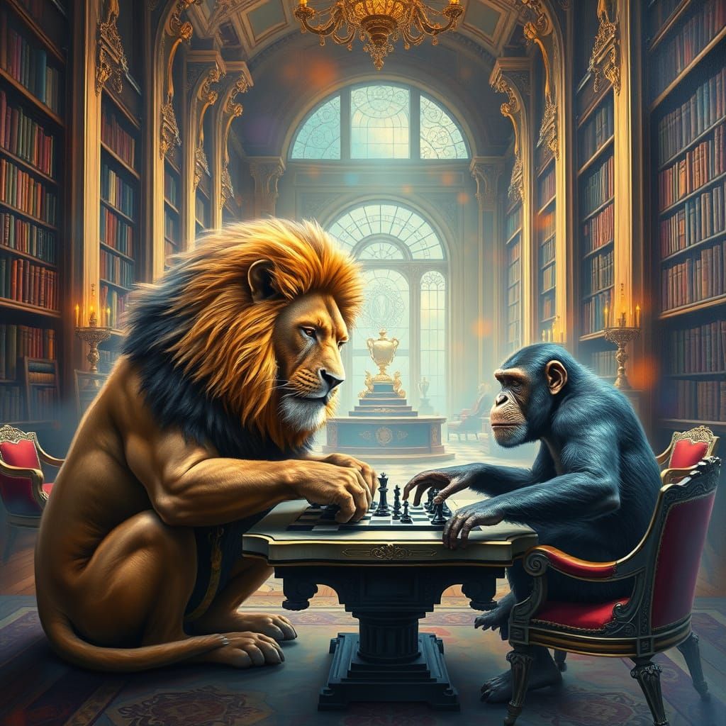 Lion and Chimpanzee Chess Match in Library