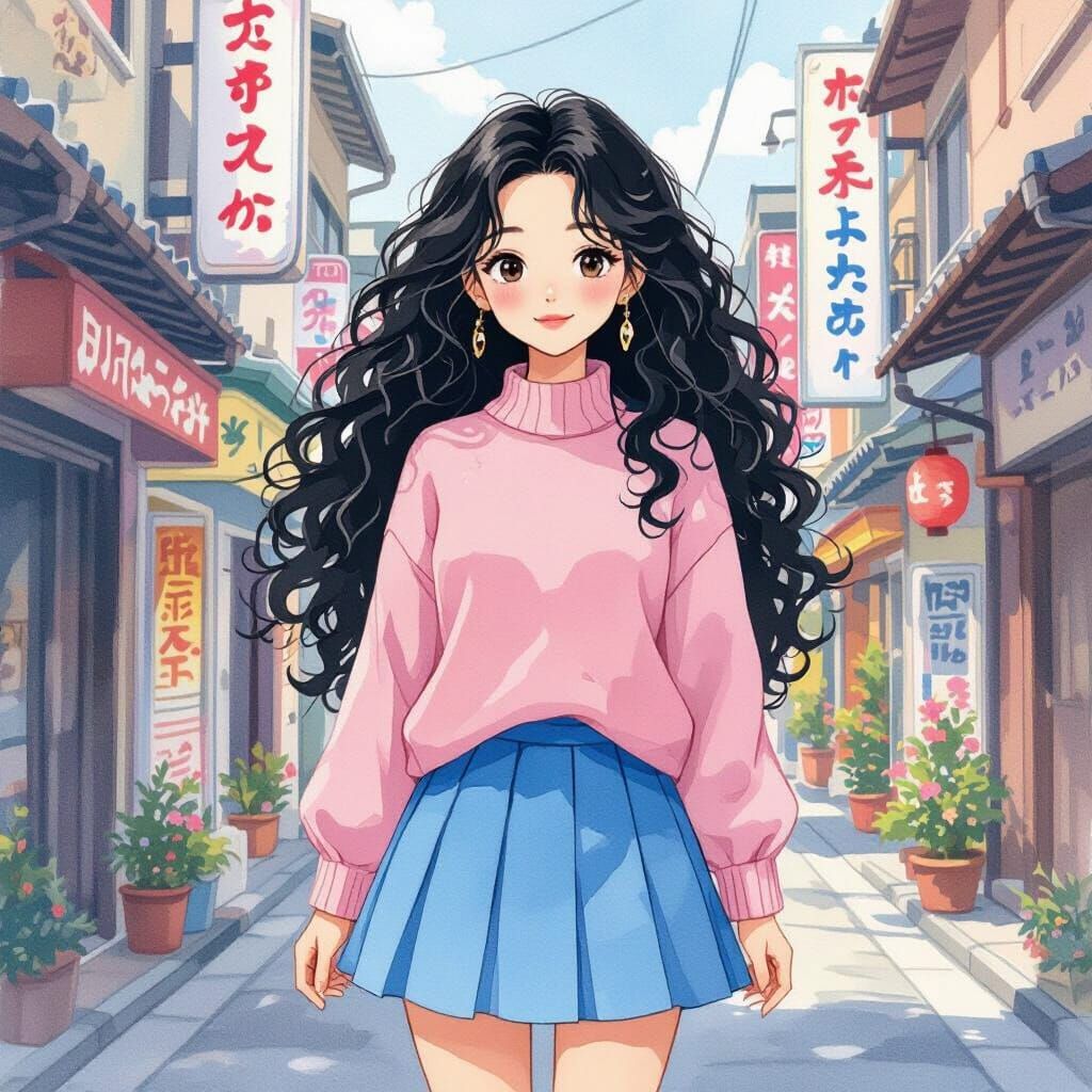 Whimsical Anime Girl in Pastel Pink and Blue