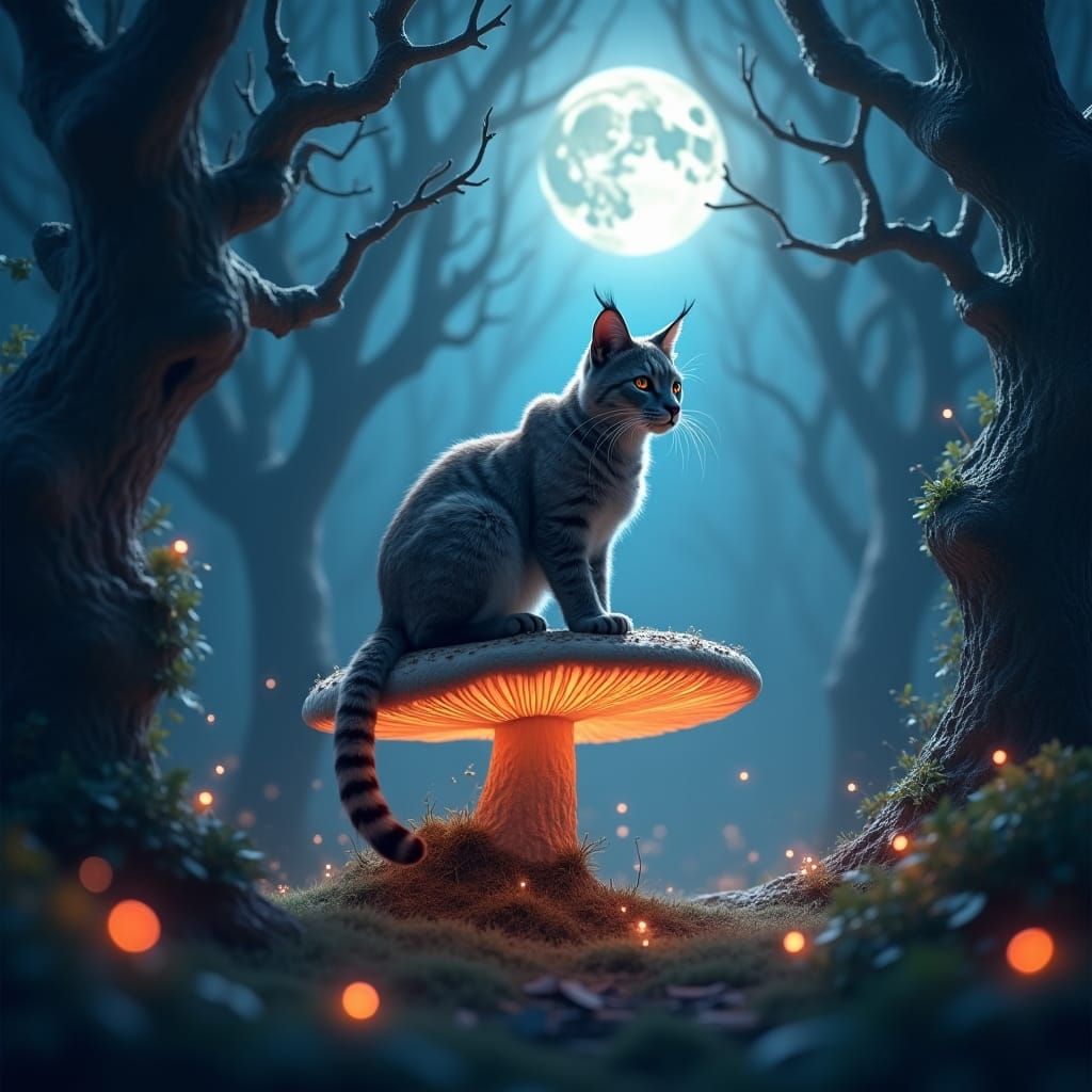 Moonlit Bobcat in Mystical Forest Concept Art