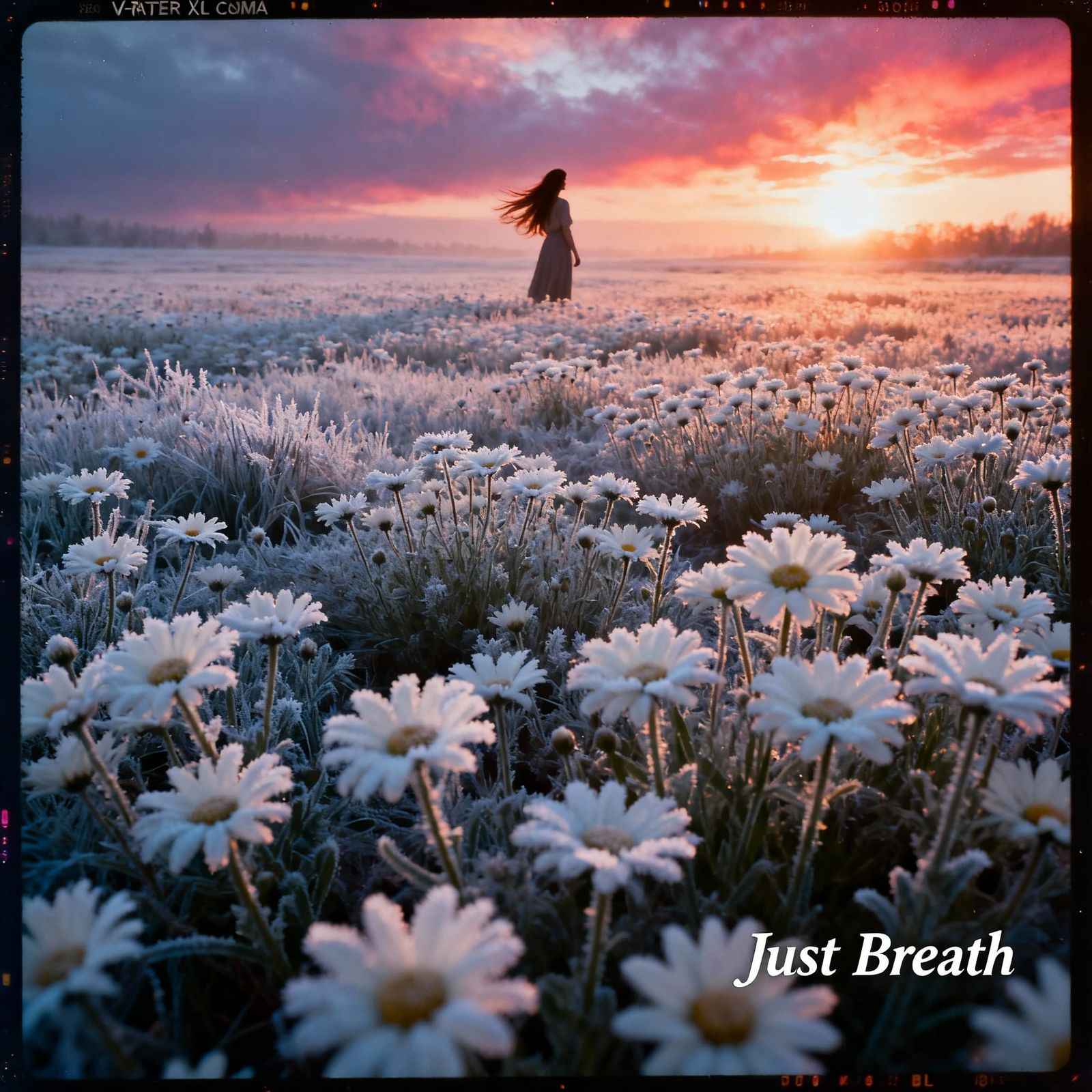 Woman in Daisy Field at Frosty Sunrise
