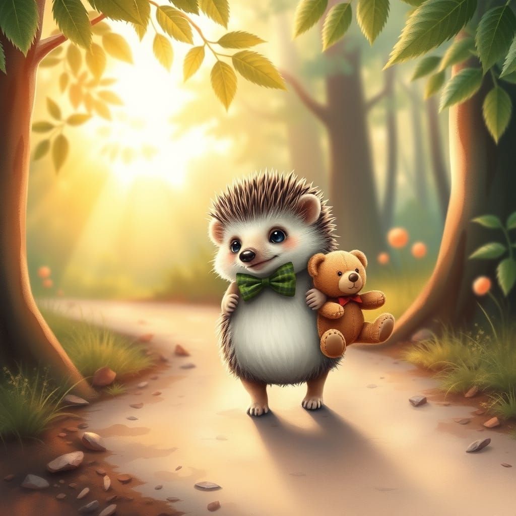 Whimsical Forest Scene with Upright Hedgehog and Teddy Bear