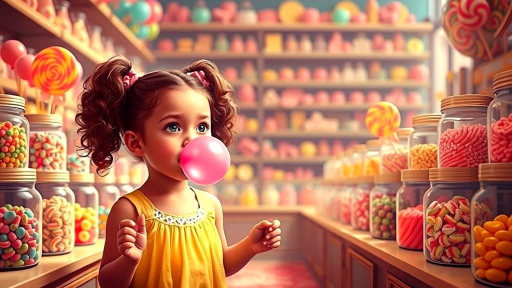 Whimsical Girl in a Colorful Candy Shop