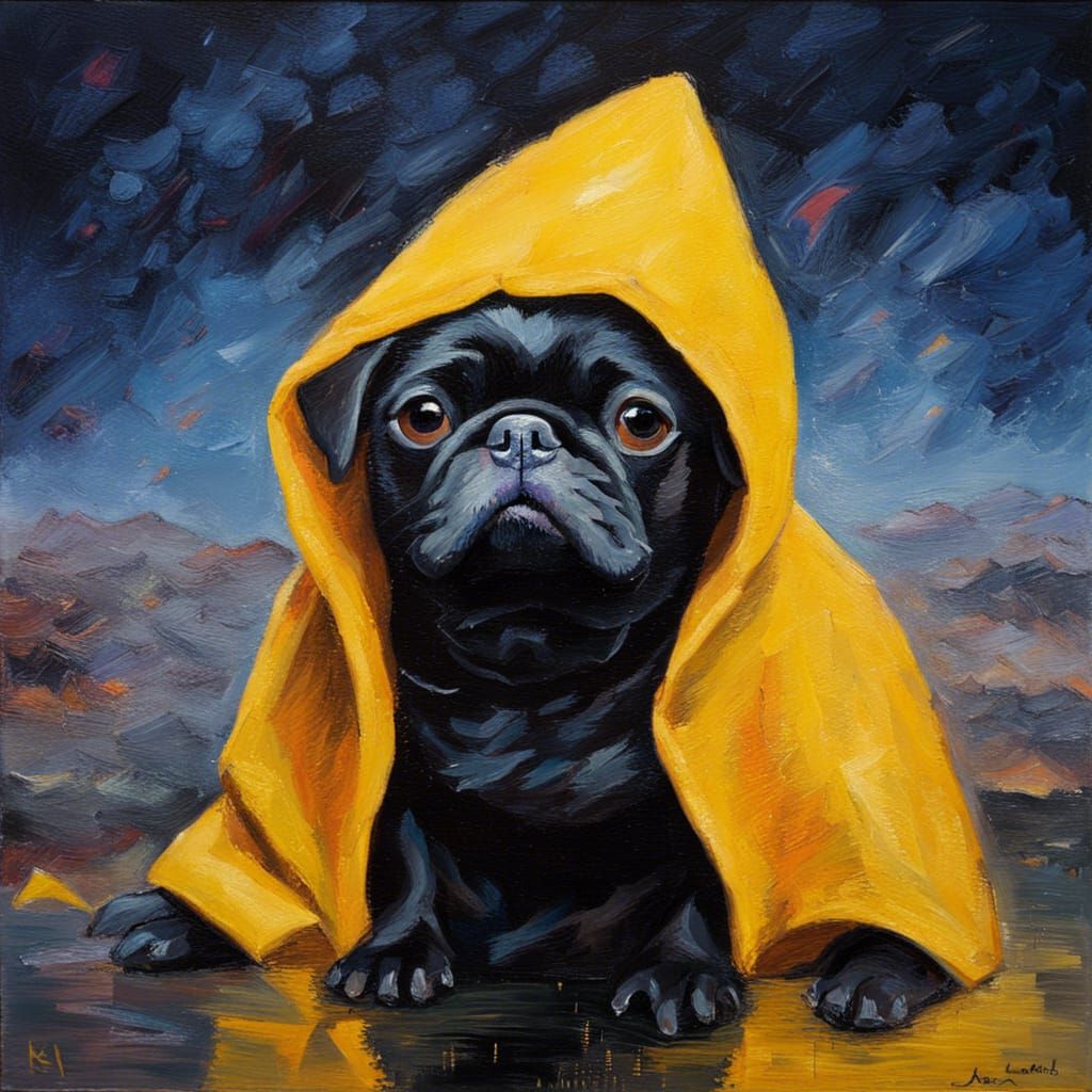 Pug in Yellow Raincoat: Neo-Impressionist Oil Painting