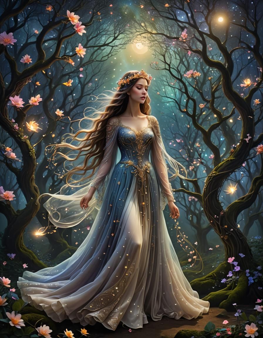 Mystical Maiden in Starlit Labyrinth: A Digital Dreamscape