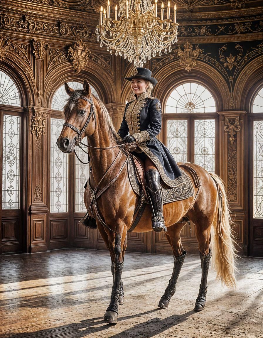 Equestrienne Dancing in Ballroom with Cavalry Attire