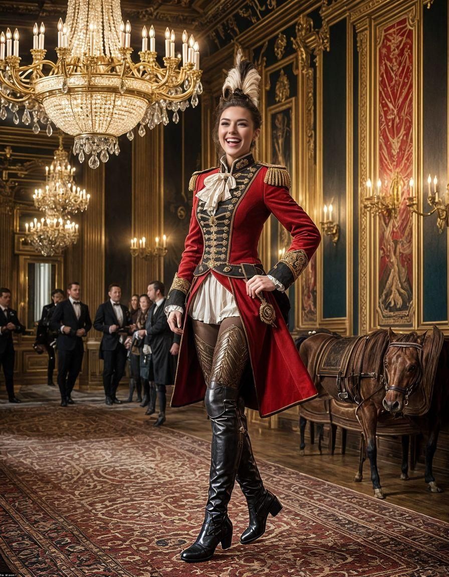 Equestrienne Dancing in Ballroom with Cavalry Attire