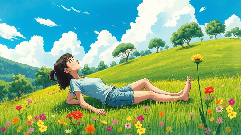 Woman Relaxing on Hillside in Ghibli Style