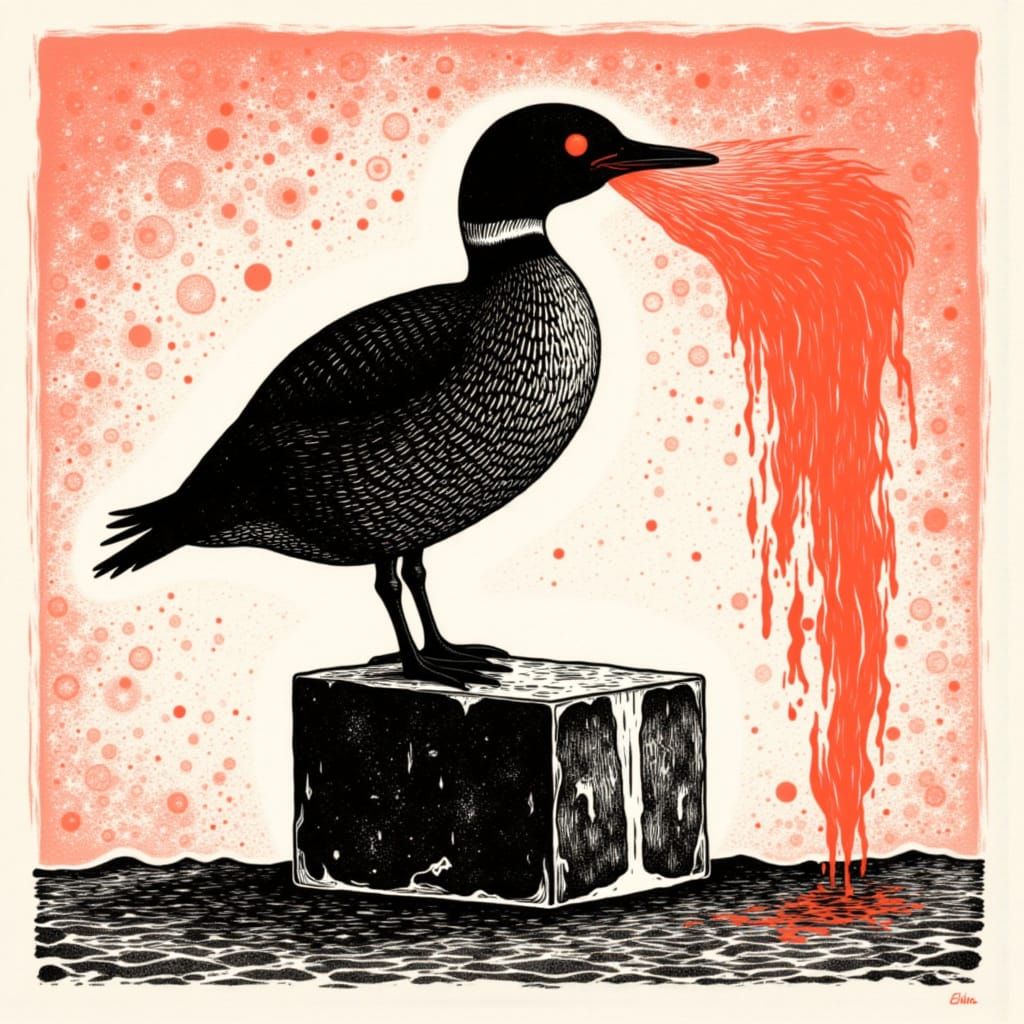 <lora:inspired:1.0> <lora:Lin-Op Cut:1.0> A loon with glowing red laser eyes melts a block of ice, captured in a raw, ex...