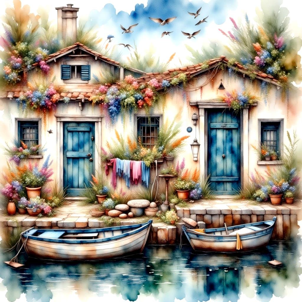 Faded Boats Rock in Quiet Harbor: Antique Watercolor