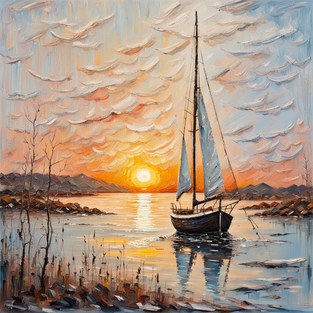 Textured Sailboat Sunset: Impasto Oil Painting