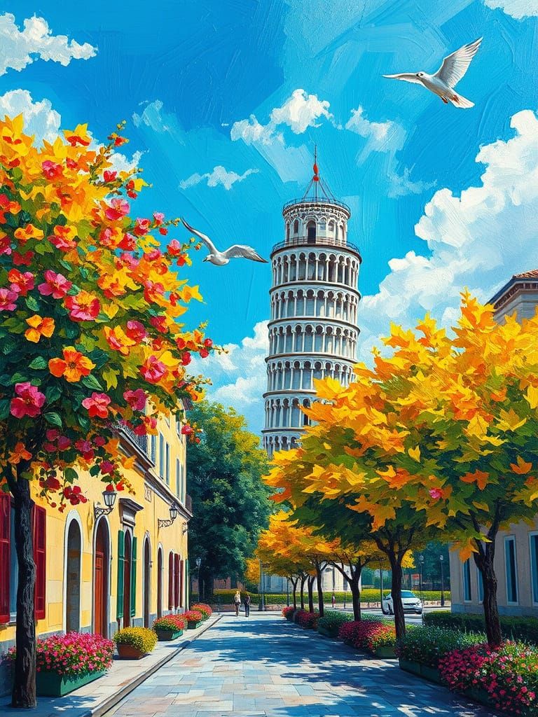 Tower of Pisa in Impressionist Oil Painting Style