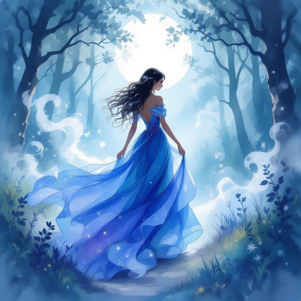 Ethereal Lady in Blue Gown, Watercolor Painting