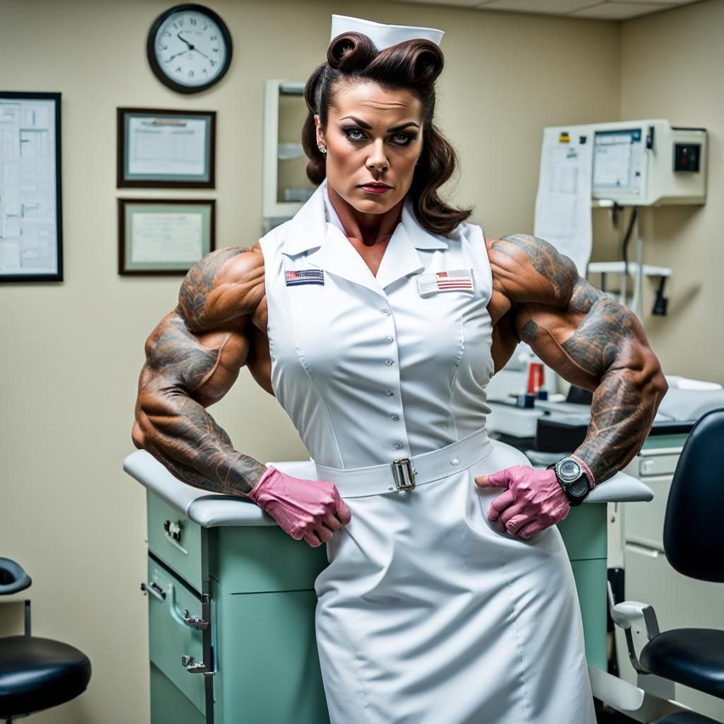 Butch Lesbian Bodybuilder Nurse in Clinic, Photorealistic