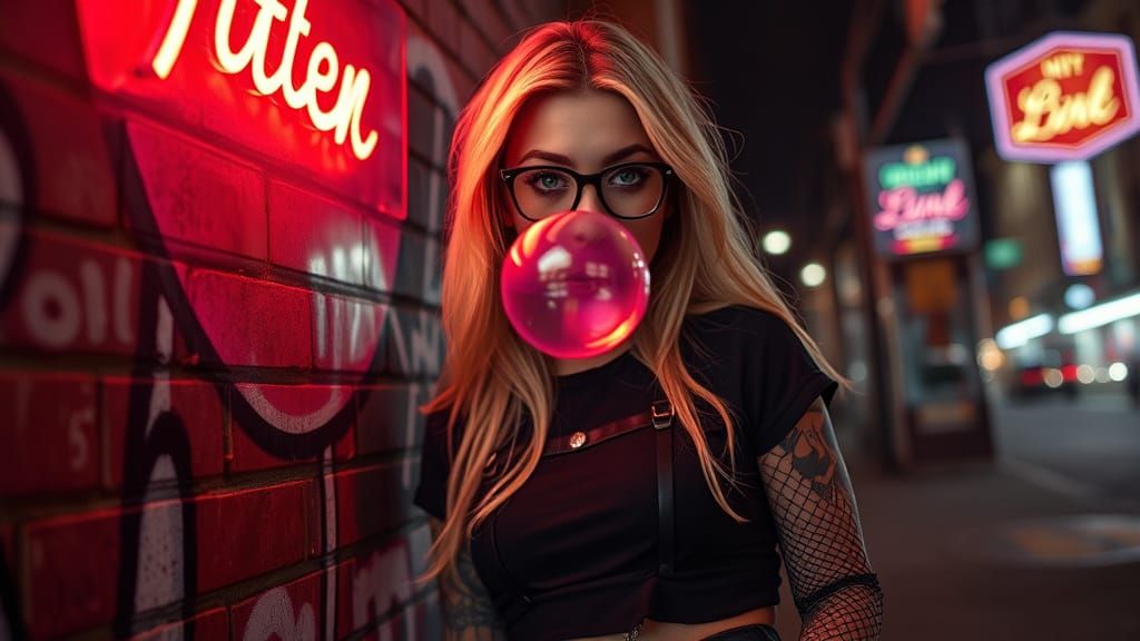 Goth Woman with Bubblegum in Moody Lighting