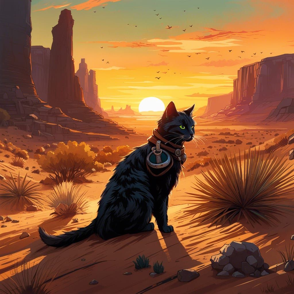 Cowboy Cat in Desert Sunset, Detailed Digital Art